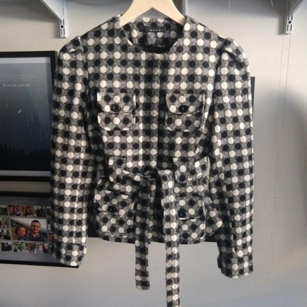 Grace Wool Blazer Belted Polka Dot Black White Jacket Office Work Mod Size 2P